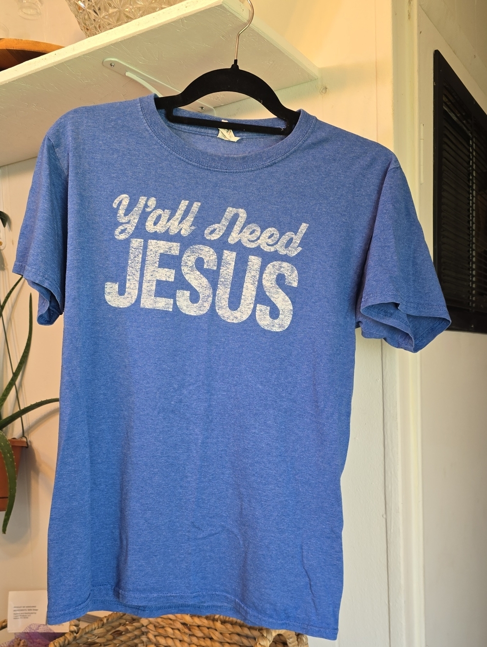 Fruit of the Loom Blue Graphic Tee with White 'Y'all Need Jesus' Text